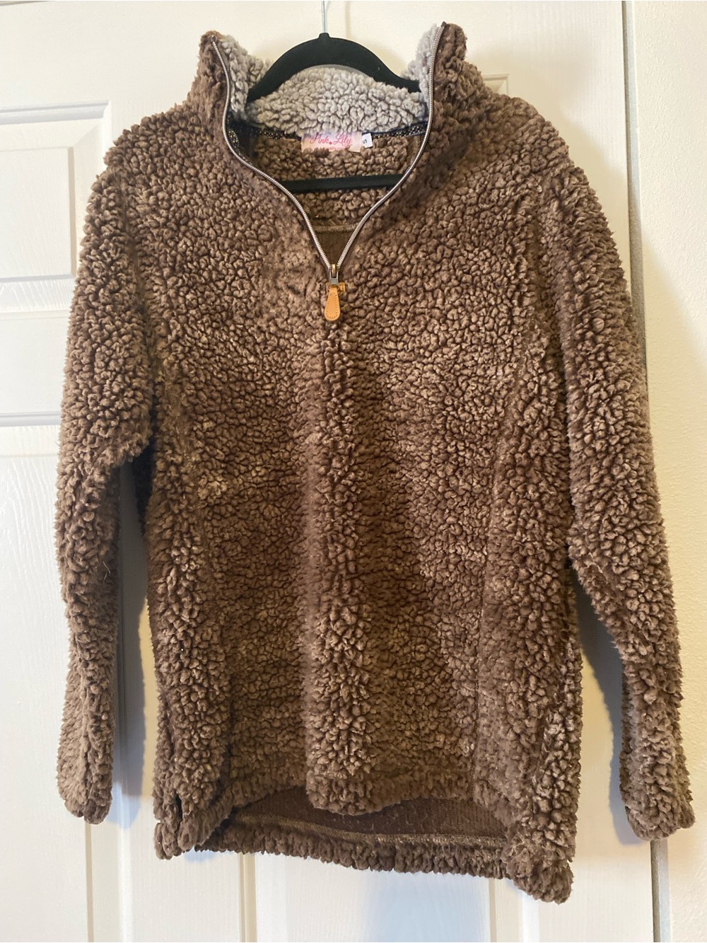 Pink Lily Brown Teddy Sherpa Half-Zip Jacket